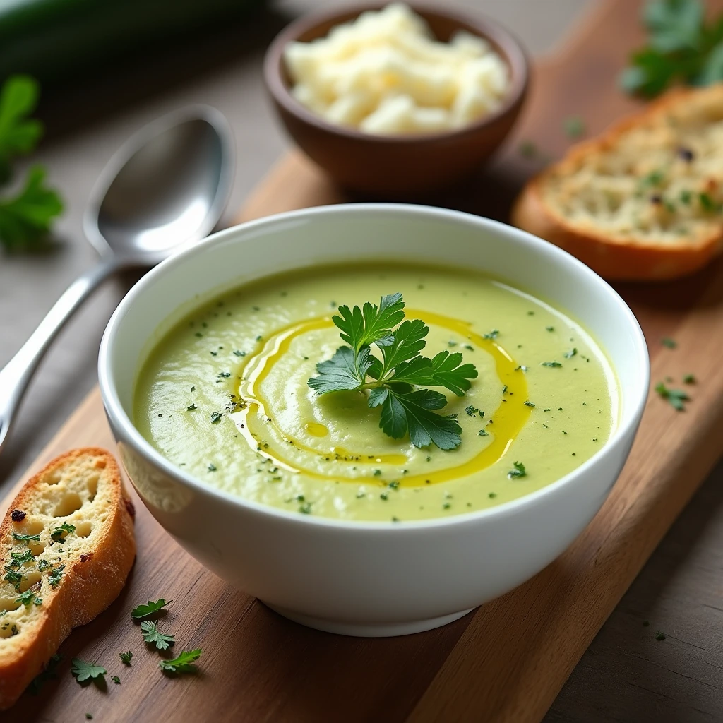 Creamy zucchini soup served in a white bowl, garnished with fresh parsley and a drizzle of olive oil, with a slice of crusty bread on the side. Text overlay: 'Creamy Zucchini Soup