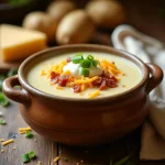 A creamy bowl of Paula Deen potato soup garnished with bacon, cheese, and green onions.