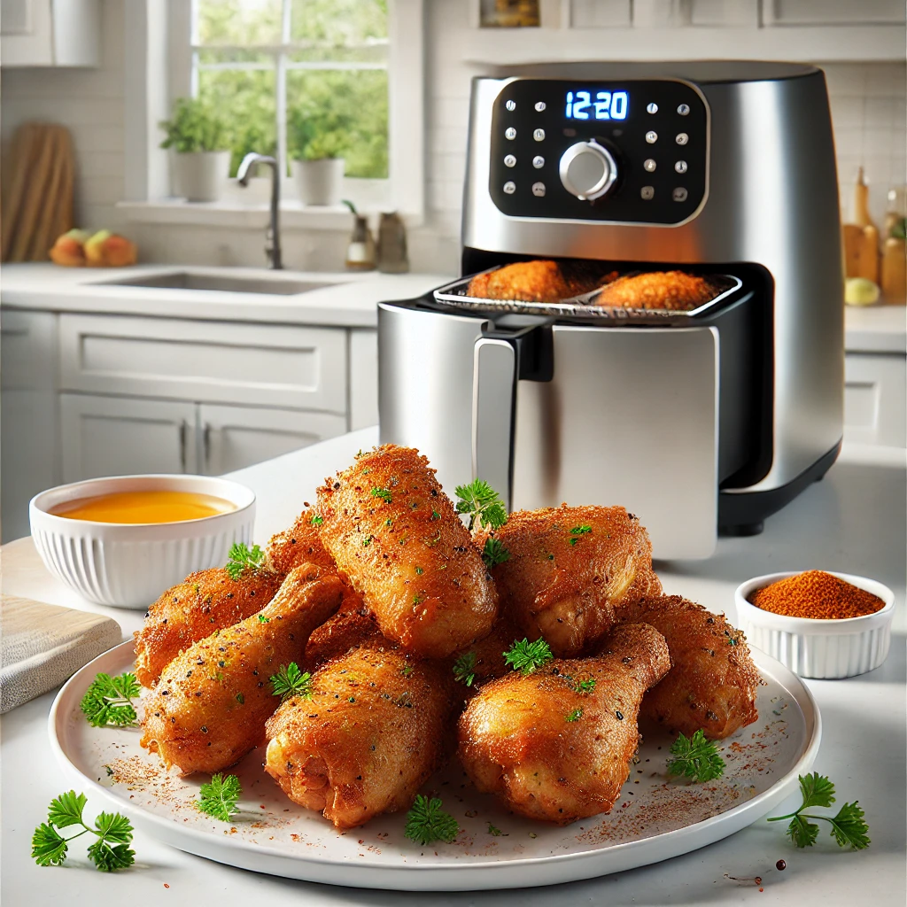 Crispy air fryer boneless chicken thighs served on a white plate, garnished with fresh parsley and paprika, with a modern air fryer in the background