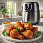 Crispy air fryer boneless chicken thighs served on a white plate, garnished with fresh parsley and paprika, with a modern air fryer in the background