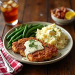 Plate of golden chicken fried steak with creamy gravy, served with mashed potatoes and green beans.