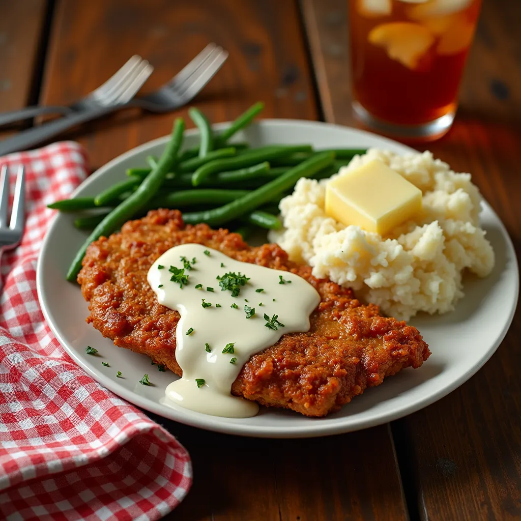 Plate of golden chicken fried steak with creamy gravy, served with mashed potatoes and green beans